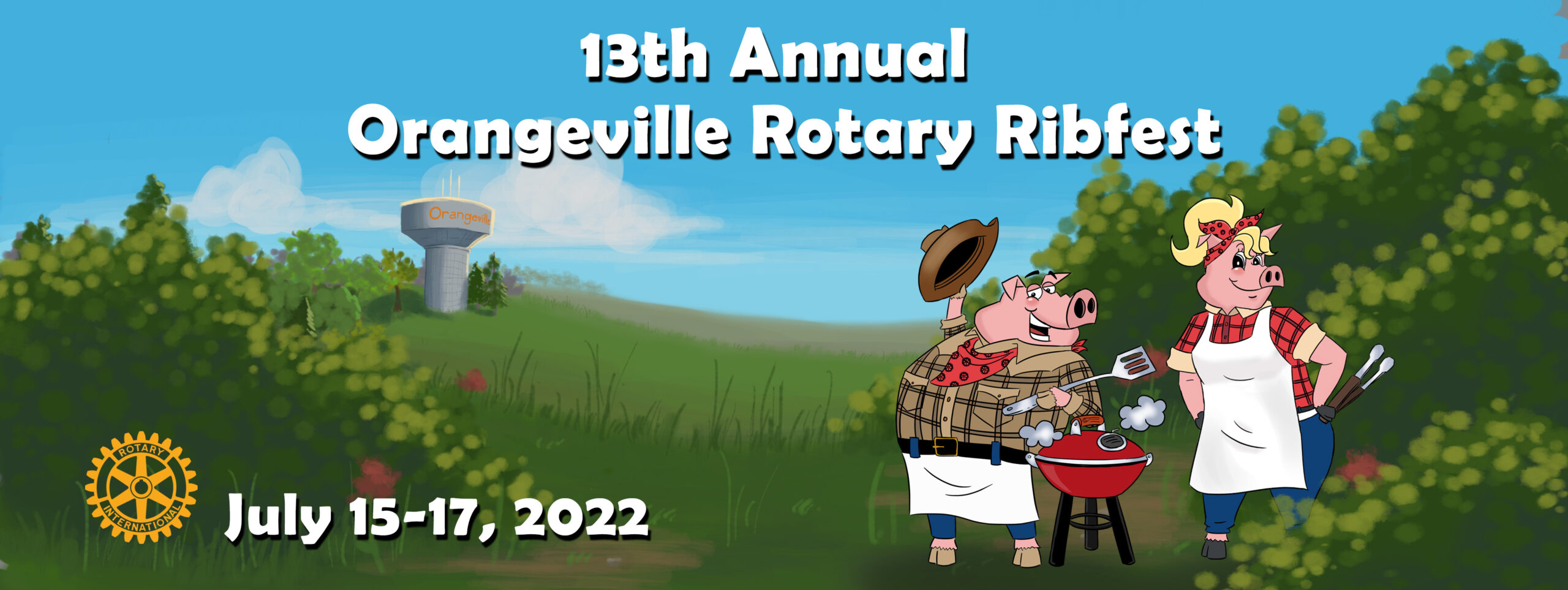 Mascots in field with text, 13th Annual Orangeville Rotary Ribfest