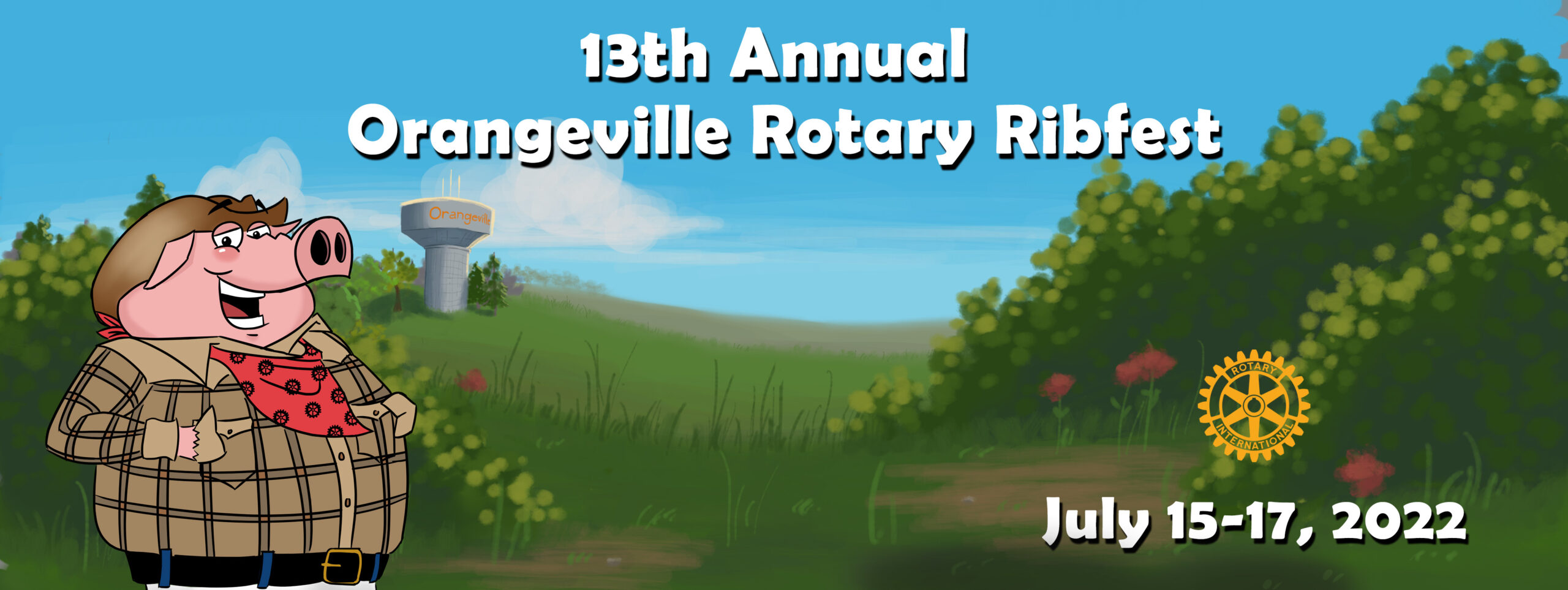 Mascot in field with text, 13th Annual Orangeville Rotary Ribfest