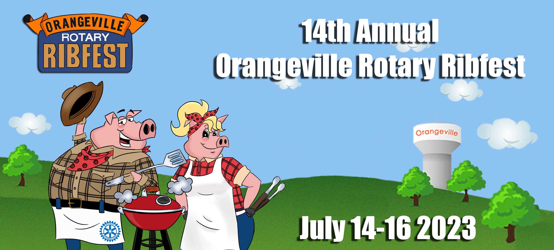 Mascots in field with text, 13th Annual Orangeville Rotary Ribfest